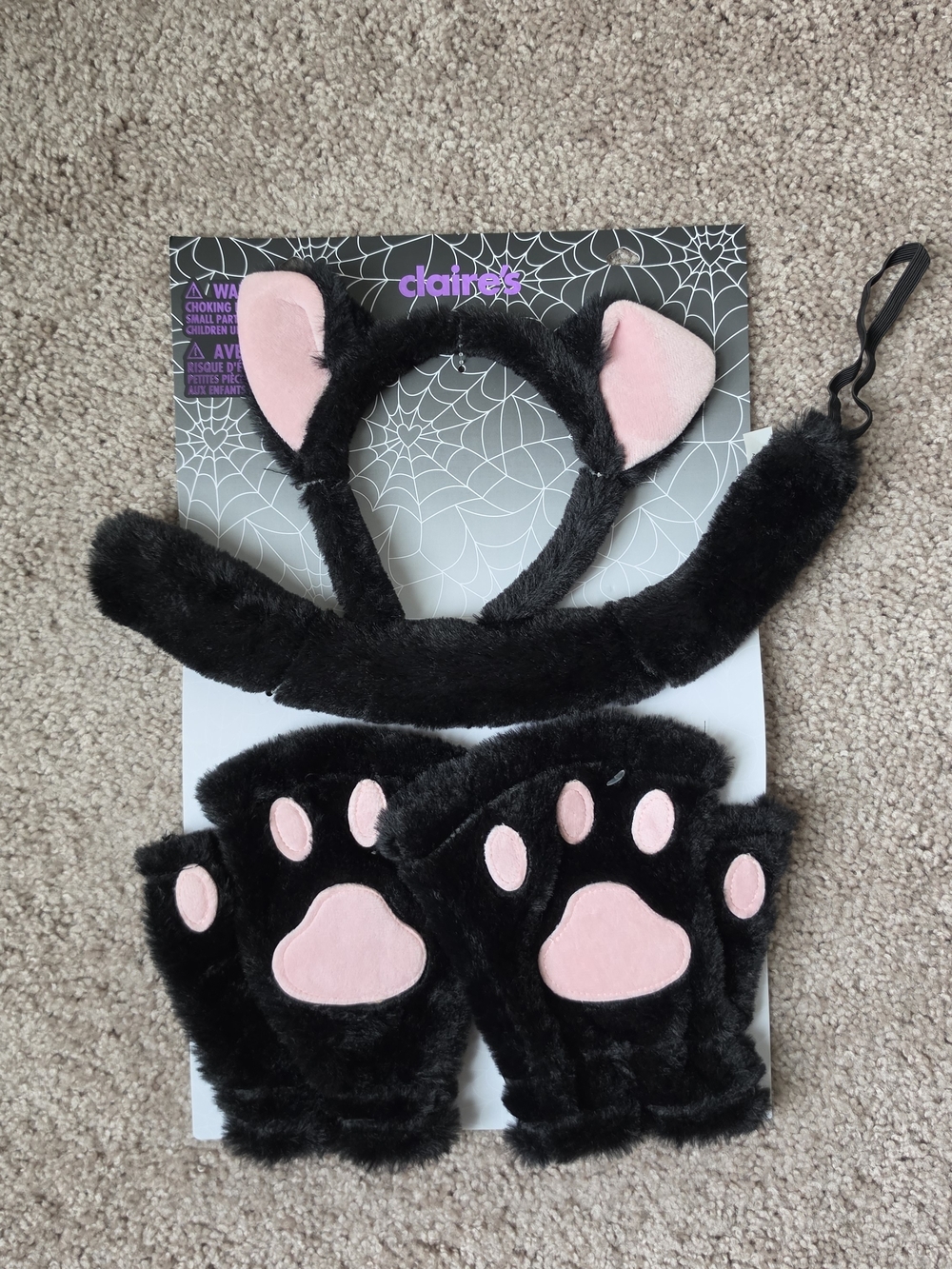 Black & Pink Cat Ear Headband and Paw Gloves Set